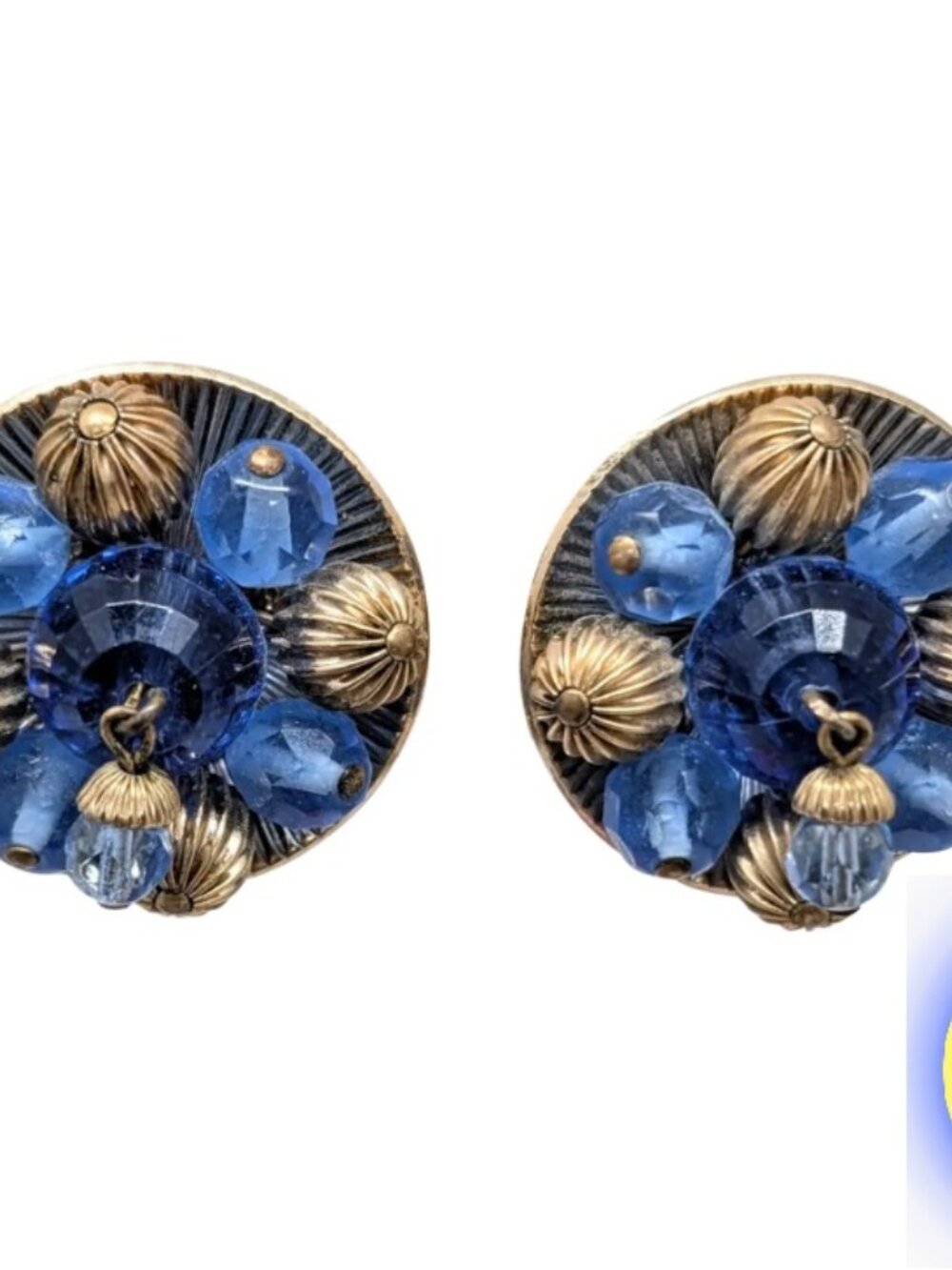 Vintage Signed Napier Round Goldtone Blue Beaded Clip Earrings